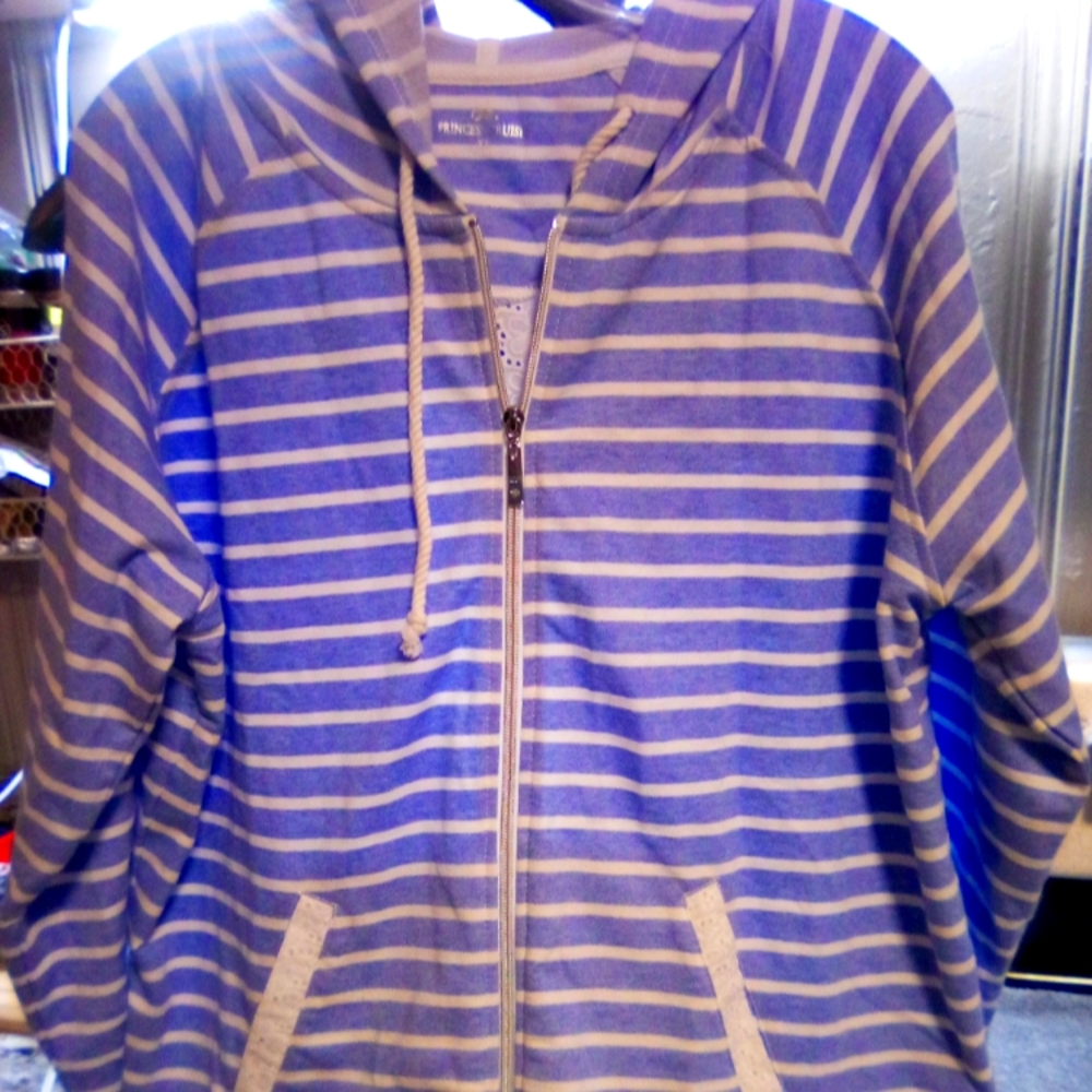 Princess cruises women's large light blue white stripe zip up hoodie eyelet lace